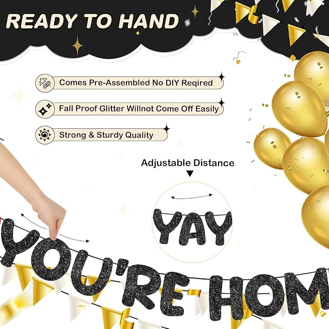 Fulmoon Pre Strung Yay You're Home Banner Glitter Welcome Home Party - Image 3