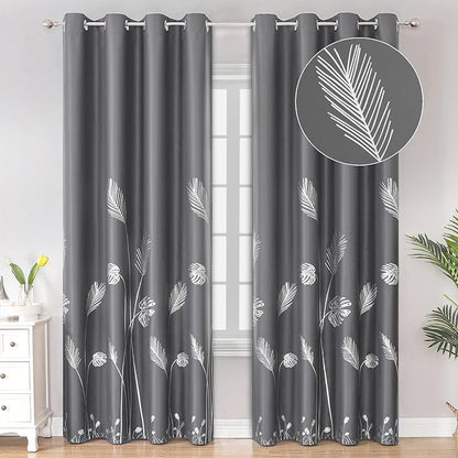 Blackout Curtains for Living Room Silver Palm Tree Printed Thermal Insulated by ESTELARTEXTILER