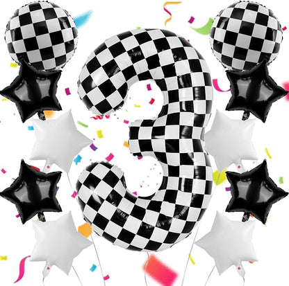 40 Inch Checkered Number Balloons 3 Black and White Foil Balloon by AXBMM