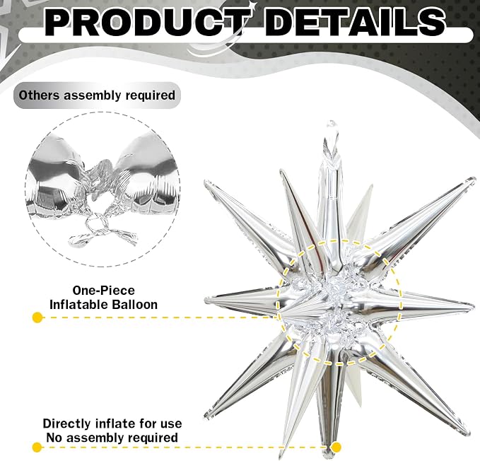 HILAVO 6PCS Silver Black Star Balloons, 22Inch Large Star Balloon Foil Balloons - Image 3