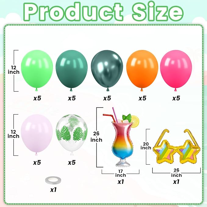 Tropical Balloons, 12 Inch Green Pink Orange Hot Pink Metallic Green Balloons - Image 2