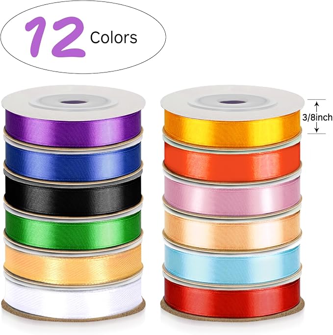 Rainbow Satin Ribbon, 12 Colors 3/8 Inch x 12 Rolls | Total 120 Yards, Colorful - Image 2