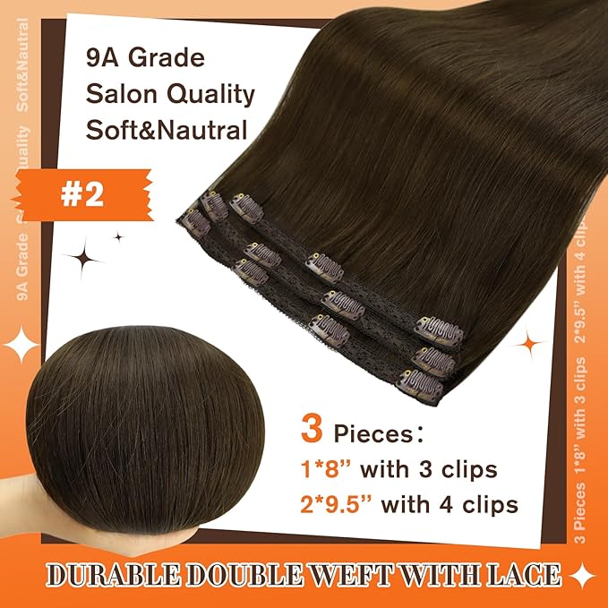 Full Shine Brown Human Hair Clip in Extensions 20 Inch Straight Dark Brown Clip in Hair Extension Lace Weft Real Human Hair Clip ins for Thin Hair 3 PCS 60 G