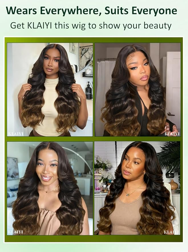 KLAIYI Ombre Brown Loose Body Wave 13x4Pre Everything Lace Frontal Chestnut Brown Drawstring Wig with Face Framing Layers Precut Lace Pre Plucked Bleached Bye Bye Knots Ready to Wear and Go Wig 26Inch