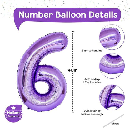 Purple Number 6 Balloon for Girls 6th Birthday, 40 Inch Number Foil Balloon 6 - Image 2