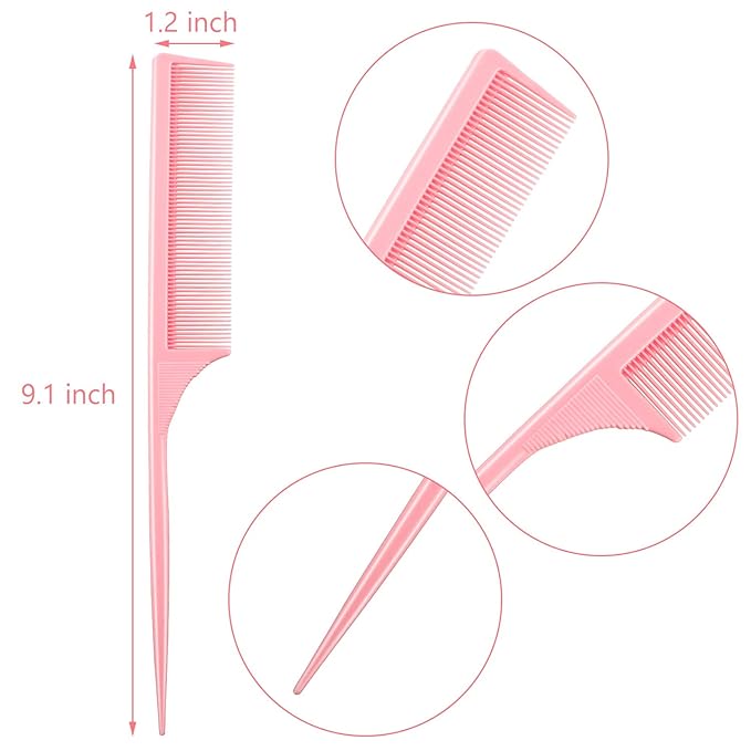 Leinuosen 3 Pack Rat Tail Combs Fine Tooth Parting Tip for Women Carbon Fiber Heat Resistant Anti Static Teasing for Back Combing Root Teasing Adding Volume Evening Styling(Pink)