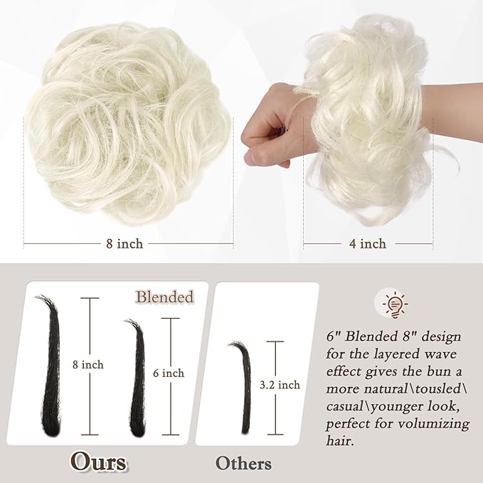RUWISS Large Messy Bun Hair Piece 100% Human Hair Layered Wavy Curly Hair Buns Hair Piece for Women Updo Hairpiece for Daily Wear Real Hair Ponytail Extension (Platinum)