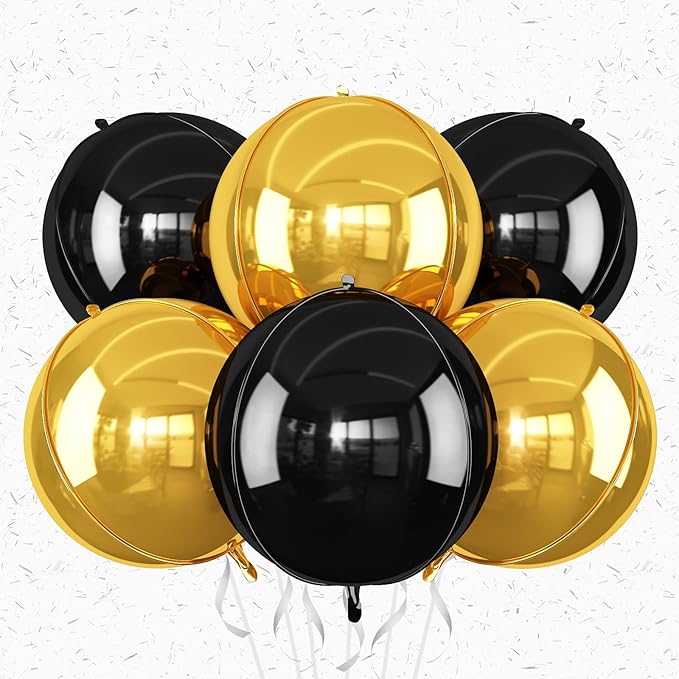 6Pcs Black Gold Round Foil Balloons, Giant 4D Round Ball Balloons, 22 Inch by Adorely