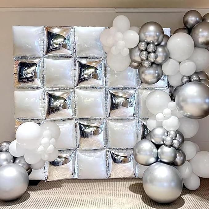 Pearl White and Silver Double Sided Square Foil Balloons Wall, 19 Inches - Image 3