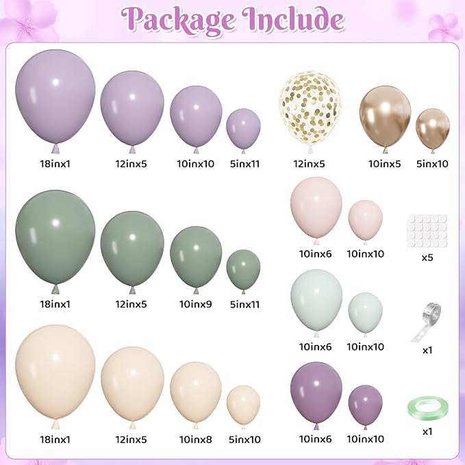 152Pcs Dusty Green Purple Pink Balloons Garland Arch Kit | Different Sizes 18 - Image 2