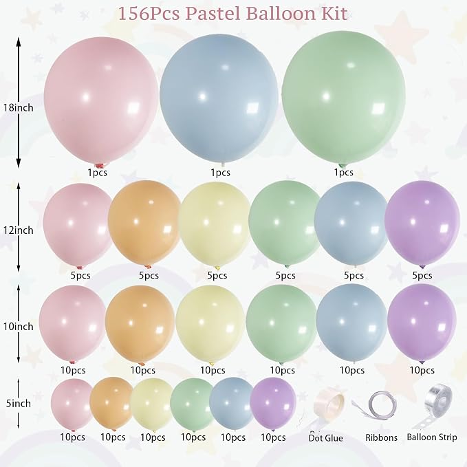 156PCS Pastel Balloon Garland Arch Kit, Macaron Balloons in Pink, Rainbow Party - Image 2
