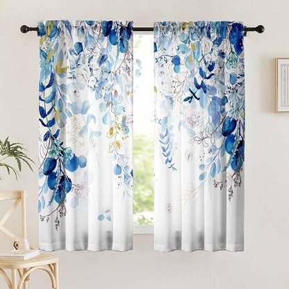 Blue Eucalyptus Curtains 63 Inch Length 2 Panels, Leaves Plant Drapes - Image 2
