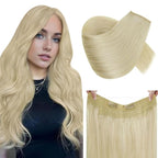 RUNATURE Wire Hair Extensions, Bleach Blonde Human Hair Extensions with Fish Line, Secret Clip in One Piece Extensions, Natural Remy Hair, Can Be Styled, 20 Inch 100g #24
