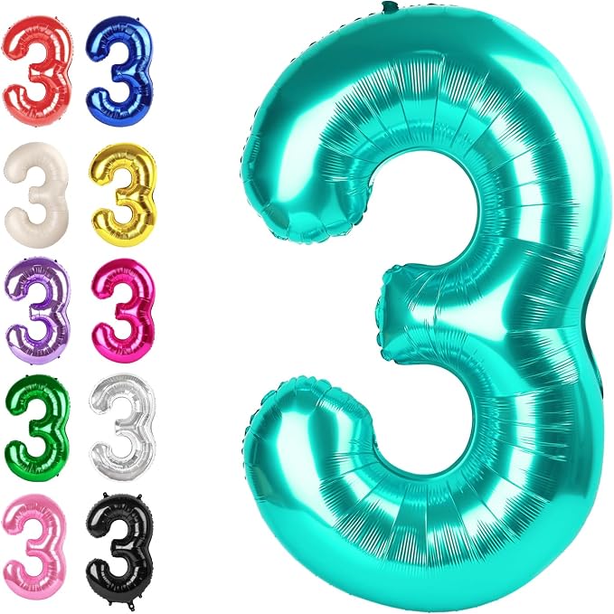 Teal Blue Number 3 Balloon 40 inch, Balloon numbers party supplies, deco photo by Upgesy