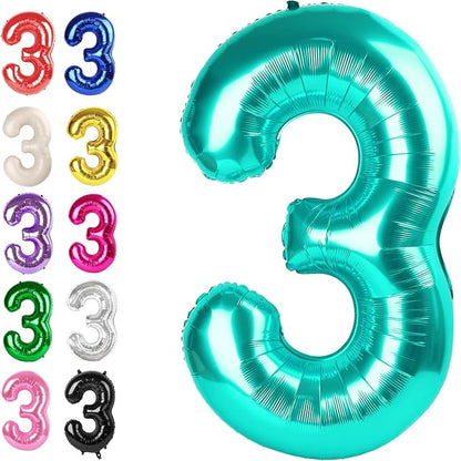 Teal Blue Number 3 Balloon 40 inch, Balloon numbers party supplies, deco photo by Upgesy