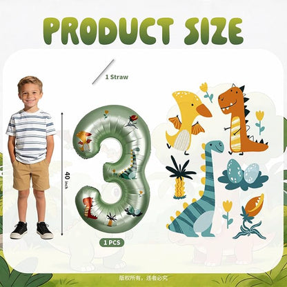 40 Inch Dinosaur Number 3 Balloon | Olive Green Number - Image 2