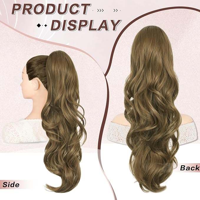 Ponytail Extension, Drawstring Ponytail Extension for Women 26 Inch Long Wavy Brown Pony Tails Hair Extensions Synthetic Clip in Ponytail Hairpiece for Women(12/8)