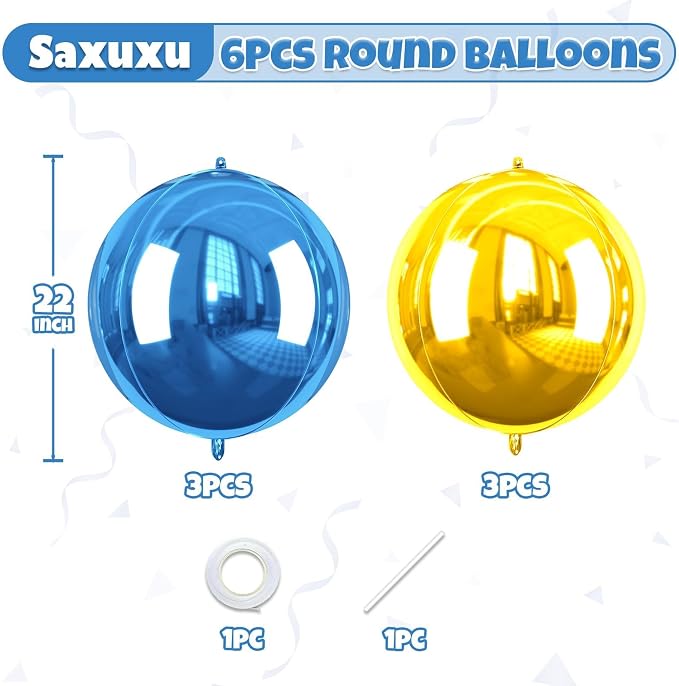 Blue an Gold Balloon Foil, 22 Inch 4D Metallic Balloons, Round Foil Balloons - Image 2