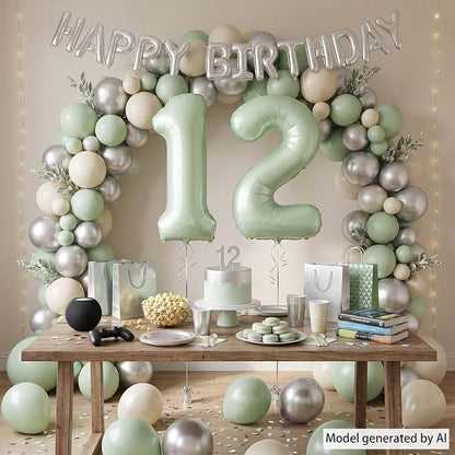 Olive Green Number 12 Balloon 40 Inch, Floral Backdrop - Image 3