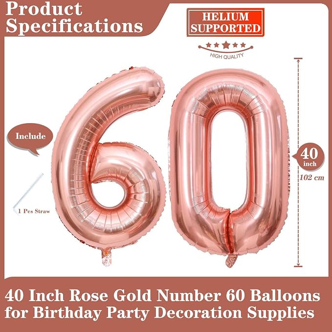 Rose Gold 60 Number Balloons, 40 Inch Giant Number 60 Balloons Foil Mylar - Image 2