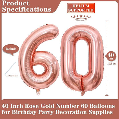 Rose Gold 60 Number Balloons, 40 Inch Giant Number 60 Balloons Foil Mylar - Image 2