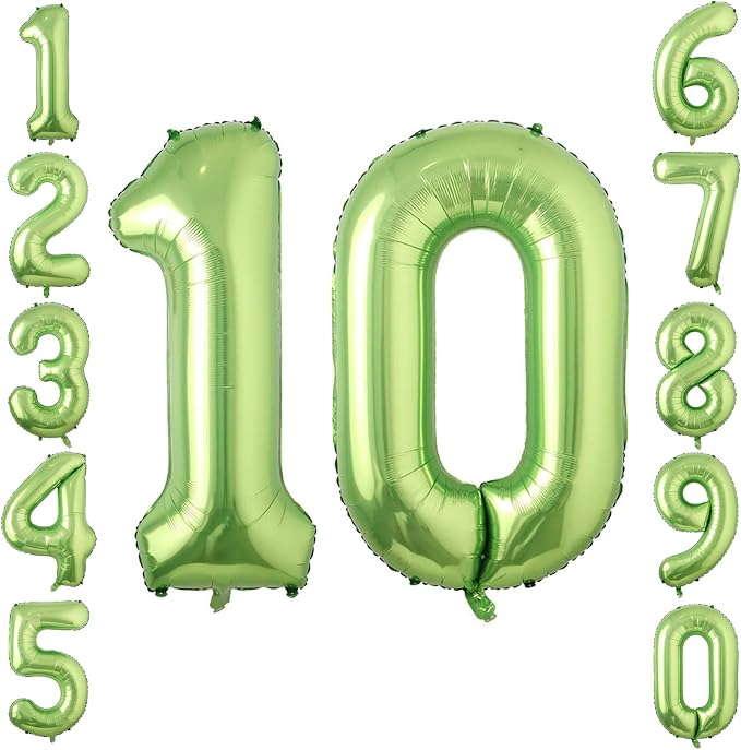 Light Green Number 10 Balloon 40 Inch, Glossy Metallic Double Digit Decor | by Unknown