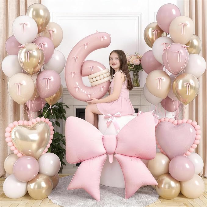 40 Inch Number 6 Balloon Pink, Dusty Blush Pink Gold White Sand Apricot Latex - Image 2