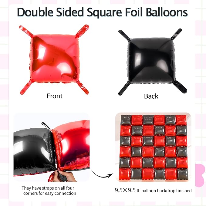 36pcs Red & Black Square Foil Balloons - Image 2