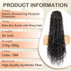 Drawstring Ponytail for Women 24 inch Boho Box Braids with Long Wavy Hair Ponytail Extension Natural Black Synthetic Hair Extensions Ponytail for Daily Use (1B#, 24 Inch)
