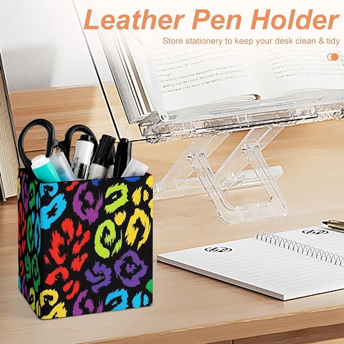 Pencil Pen Holder PU Leather Makeup Brush Holder Black Rainbow Cheetah Leopard - Image 4
