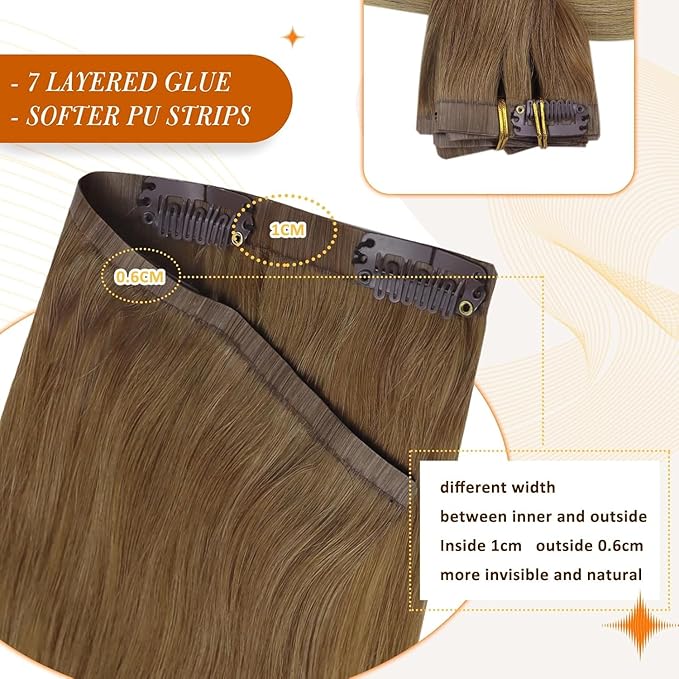 Full Shine Human Hair Clip in Extensions 16 Inch Clip in Hair Extensions Light Brown to Ash Blonde Real Hair Ombre Seamless Hair Extension with PU Skin Weft Softness 8 PCS 120 G