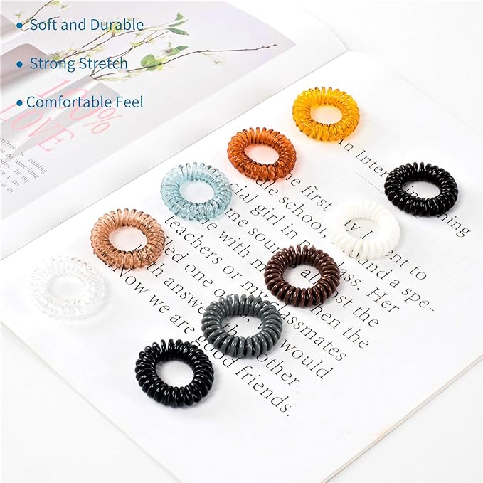 79STYLE 50pcs Spiral Hair Ties For Women Coil Hair Bands Coil Scrunchies Ponytail Holder Plastic Phone Cord Hair Coils For Thin Hiar No Damage (brown/clear)