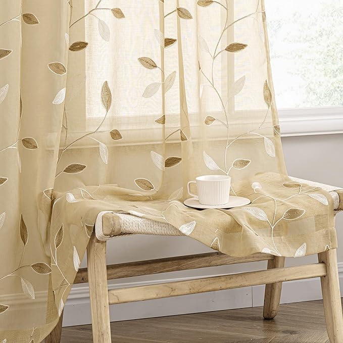 MIULEE Beige Sheer Curtains 2 Panels Embroidered Leaf Patterned, W52 x L84 | by MIULEE