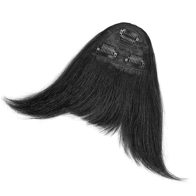 Yaki Straight Bangs Hair Extensions for Women Natural Black Synthetic Fringe with Temples Handmade Kinky Straight Bangs Hairpiece with 3 Clips in (1B)