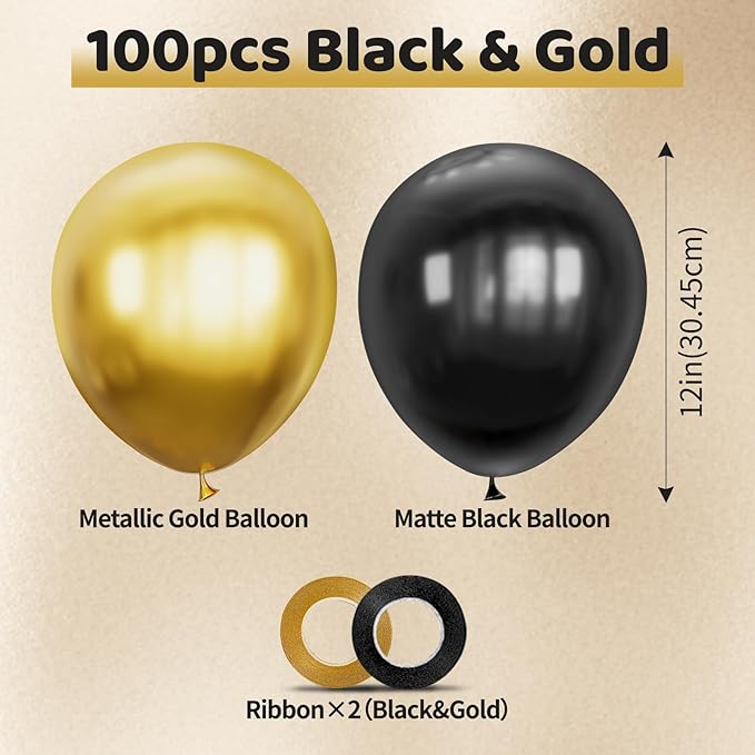 100pcs Black and Gold Balloons 12 Inch Metallic Gold and Black latex Party - Image 2