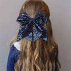 Large Glitter Cheer Bows Clips, Jumbo Big 7 Inch Cheerleading Sequin Hair Bow Hair Accessories for Teens Girls Football Sports Cheerleader Outfit Uniform (Navy Blue)