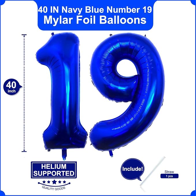 40 Inch Navy Blue 19 Balloons Giant 19 Balloons Navy Blue 19 Birthday Balloons - Image 2