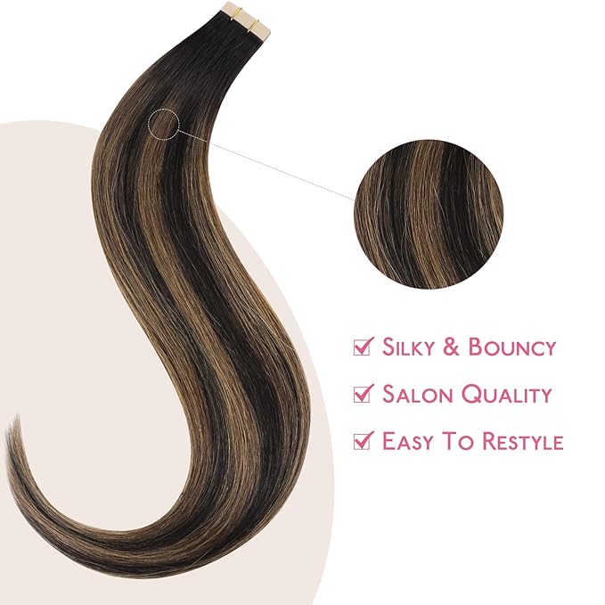WENNALIFE Tape in Hair Extensions Human Hair Balayage Natural Black to Chestnut Brown Tape in Extensions, 10pcs 30g 26 inch Remy Invisible Tape Ins Straight Soft Real Human Hair Tape in Extensions