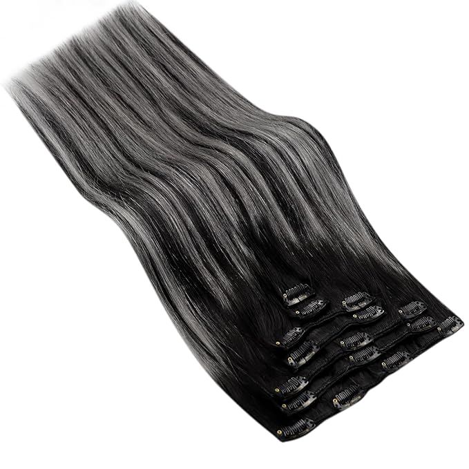 Ve Sunny Clip in Hair Extensions Real Human Hair Black Real Hair Extensions Clip ins Human Hair Grey Silver Clip in Extensions Real Human Hair Comfortable 7pcs 120g 22inch