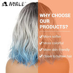 NOBLE Blue Wig with Bangs 12 Inches Short Bob Curly Wig Blue Wigs for Women Colorful Wavy Bob Wigs with Air Bangs Heat Resistant Synthetic Silver Blue Halloween Wigs for Cosplay Party