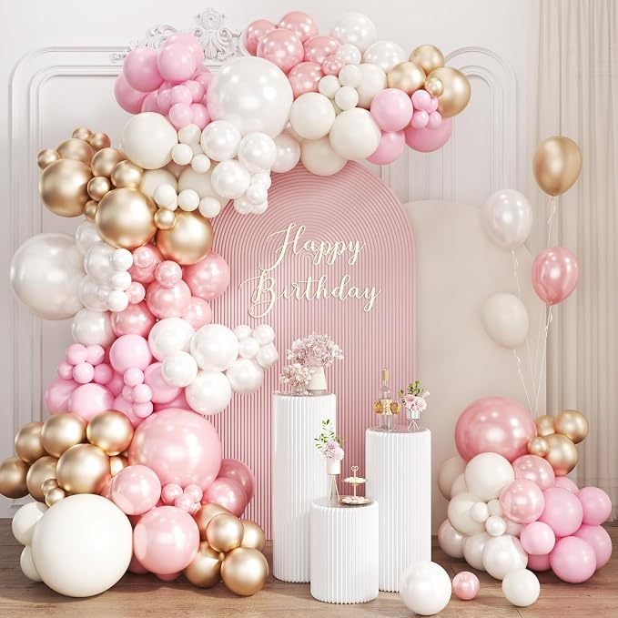 Pastel Pink White and Gold Balloons Garland Arch Kit by Unknown