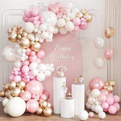 Pastel Pink White and Gold Balloons Garland Arch Kit by Unknown