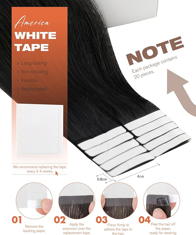 Sunny Hair Tape in Hair Extensions Human Hair 26inch Hair Extensions Real Human Hair Tape in Extensions for Women Jet Black Invisible Remy Hair Natural Straight Skin Weft Double Sided Tapes 20Pcs 50g
