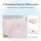 California Design Den Standard Queen Size Pillowcase Set - 400 Thread Count, 100% Cotton Sateen, Set of 2 Pillow Covers, Soft and Breathable - Pink