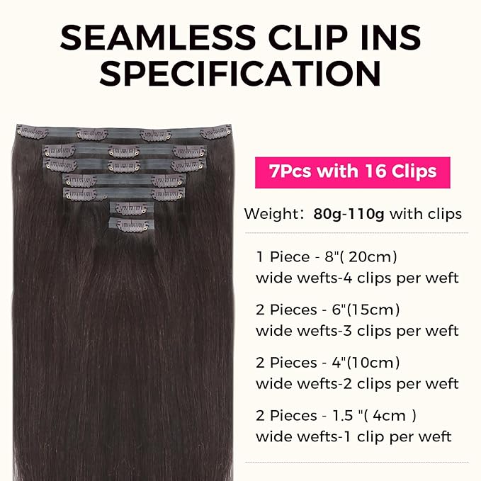 Lashey Seamless Clip in Hair Extensions Real Human Hair 7pcs 110g Straight, 16 Inch #2 Dark Brown Hair Extensions with PU Weft for Women