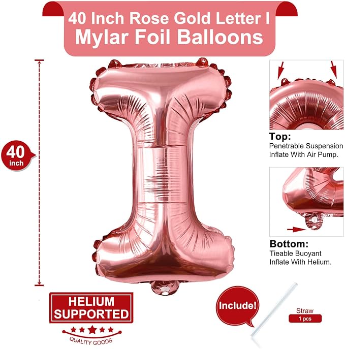 Lovoir 40 Inch Large Rose Gold Letter I Balloons Big Size Jumbo Mylar Foil - Image 2