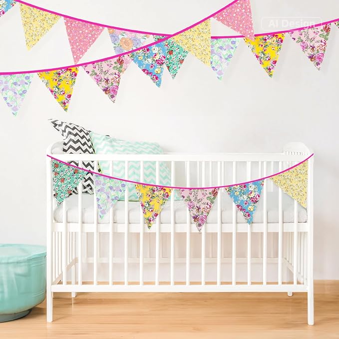 G2PLUS 39Ft Triangle Bunting Banner, Floral Cotton Pennant Banner, Tea Party - Image 5