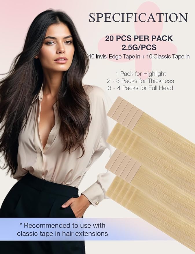 DOORES Invisi Edge Tape in Hair Extensions, Drity Blonde Mixed Platinum Blonde 10 Injection Tape-ins with 10 Classic Tape-ins 50g 24 Inch, Virgin Hair Injection Tape in Extensions