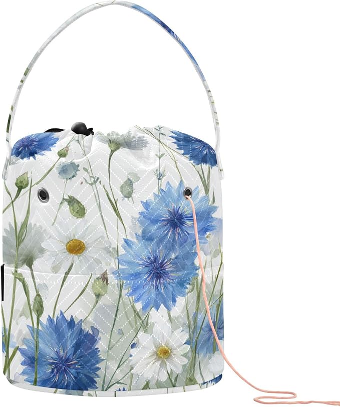 White Blue Cornflowers Daisy Flower Watercolor Yarn Bag Small Crochet Bag by Tatenale