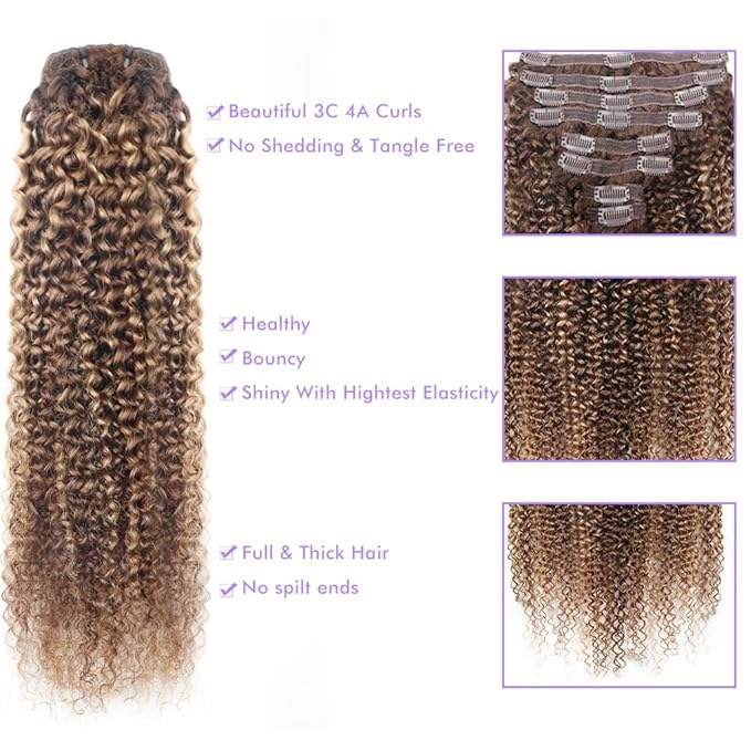 Curly Clip In Hair Extensions Real Human Hair Clip Ins Balayage Chocolate Brown to Caramel Blonde Human Hair Extensions 8Pcs with18clips 120g/Set (18 inch，#4/27/4)